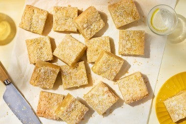 Alex Roberts Lemon Citrus Blondies on parchment paper atop a counter.