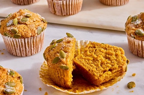 A sliced in half Easy Pumpkin Muffin - select to zoom