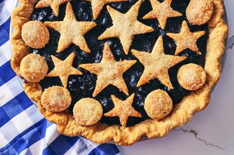 Fresh Blueberry Pie in a pan; shot from overhead - select to zoom