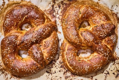 Two Giant Jalapeño Pretzels on a sheet pan