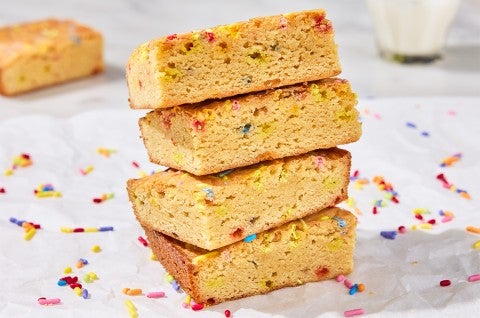 A stack of 4 Small-Batch Birthday Cake Blondies - select to zoom