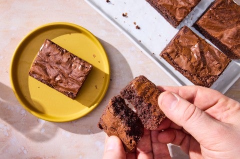 Small-Batch Brownies being broken open - select to zoom